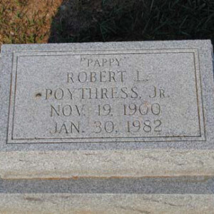 Poythress, Robert L. Jr. 1900 - 1982; son of Robt Lee Poythress (b.1871)
Magnolia; 2638 23rd Av; Meridian, MS
Lot 77, Section 84