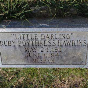 Hawkins, Ruby Claire (Poythress) 1911 - 1941; dtr of John Thomas Poythress
Magnolia; 2638 23rd Av; Meridian, MS
Lot 23, Section 25