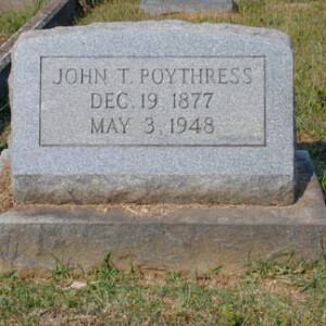 Poythress, John Thomas 1877 - 1948; son of James Speed Poythress
Magnolia; 2638 23rd Av; Meridian, MS
Lot 23, Section 25
3
