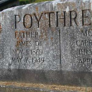 Poythress, James D. 1869 - 1949; son of James Speed Poythress
Magnolia; 2638 23rd Av; Meridian, MS
Lot 5, Section 73