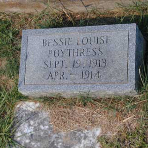Poythress, Bessie Louise 1913 - 1914; dtr of James David Poythress (b.1869)
Magnolia; 2638 23rd Av; Meridian, MS
Lot 5, Section 73