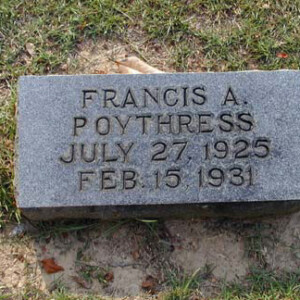 Poythress, Francis Asbury 1925 - 1931; son of Carl Hutton Poythress; grandson of James Speed Poythress
Magnolia; 2638 23rd Av; Meridian, MS
Lot 109, Section 11