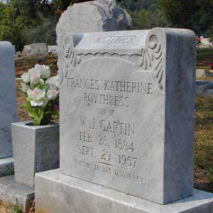 Gartin, Frances Kate/Katherine (Poythress) 1884 - 1957; dtr of Algernon Edw Poythress
Magnolia; 2638 23rd Av; Meridian, MS
Lot 10, Section 13