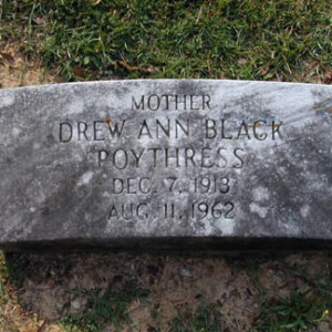 Poythress, Drew Ann (Black) 1913 - 1962; wife of Robt Lee Poythress, Jr. (b.1900)
Magnolia; 2638 23rd Av; Meridian, MS
Lot 109, Section 11