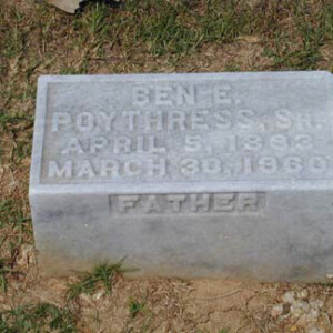 Poythress, Ben/Bennie Edward Sr. 1893 - 1960; son of Algernon Edw Poythress
Magnolia; 2638 23rd Av; Meridian, MS
Lot 4, Section 5