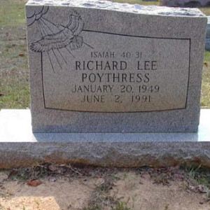 Poythress, Richard Lee 1949 - 1991; son of Robt Lee Poythress Jr. (b.1900)
Magnolia; 2638 23rd Av; Meridian, MS
Lot 109, Section 11